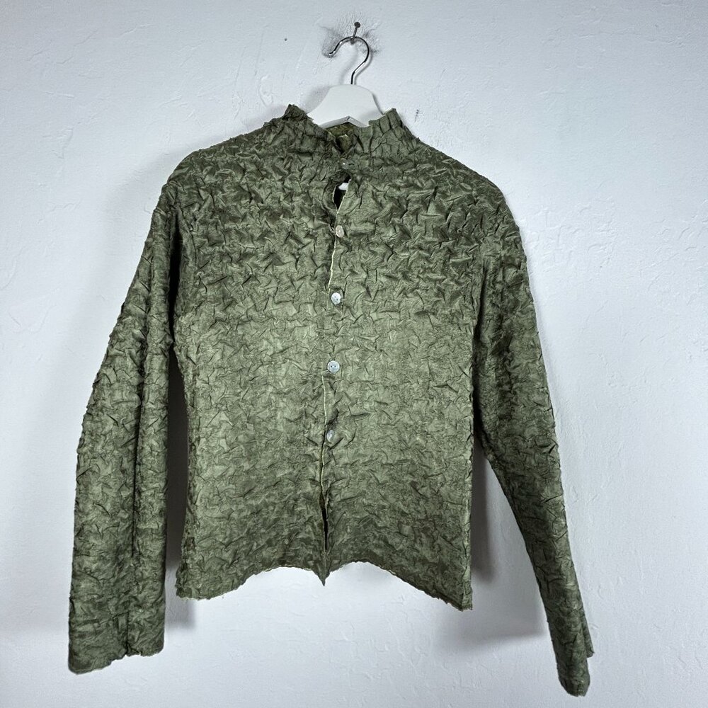 Vintage Women's Button-Up Textured Crinkle Olive Green Reversible Jacket Casual